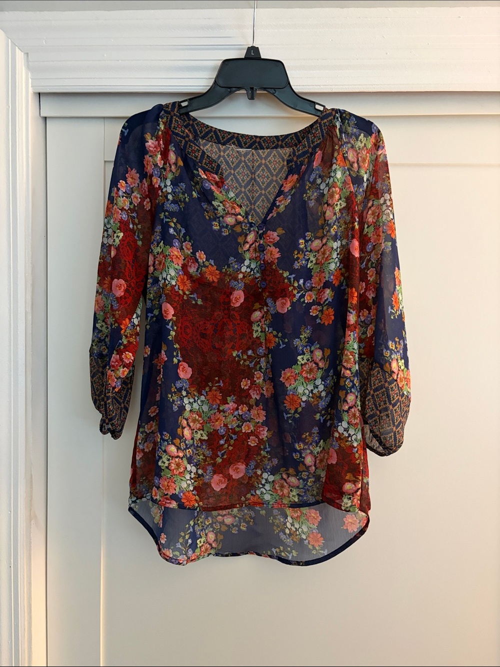 fig and flower Navy Floral Sheer Boho Blouse-Size M